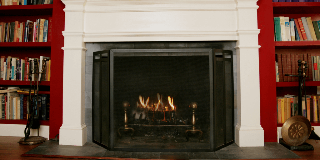 fireplace with a roaring fire