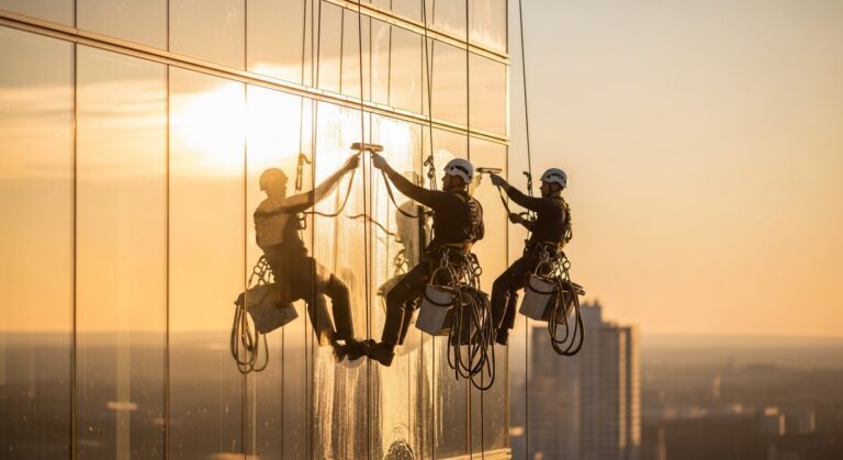 Professional window cleaners using rope access equipment to clean high-rise commercial building windows at sunset in Chicago