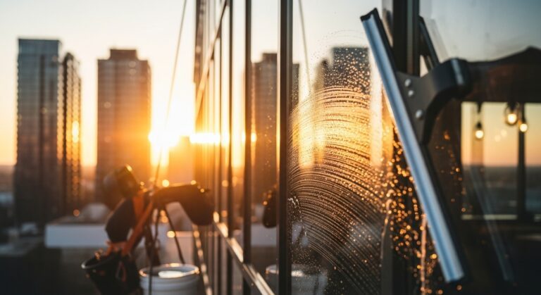 Close-up of professional squeegee cleaning commercial office building windows with city skyline visible during golden hour