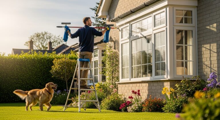 Professional window cleaner on ladder washing exterior windows of brick home with golden retriever in yard showing pet-friendly service
