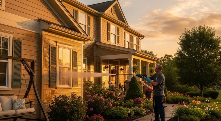 Professional house washing service cleaning two-story home exterior at sunset in Chicago area
