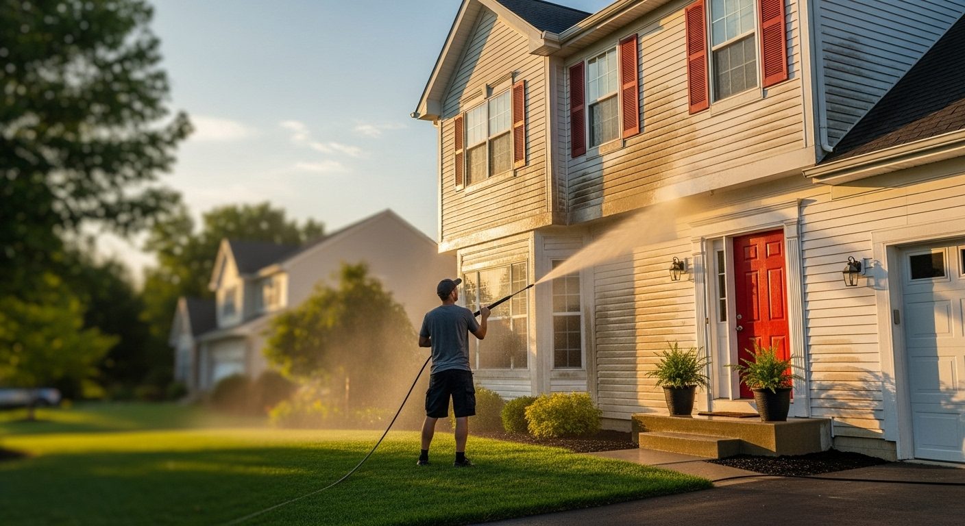 Professional power washing residential house siding during golden hour in Chicago suburbs