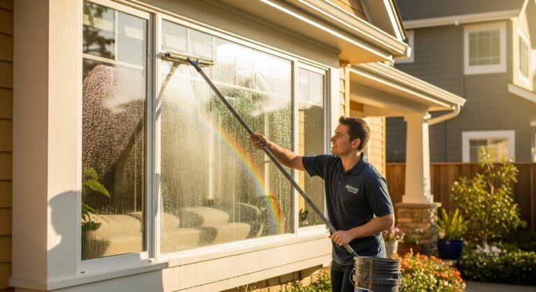 Professional window cleaner using squeegee to wash exterior windows of suburban home during golden hour with rainbow effect from water spray