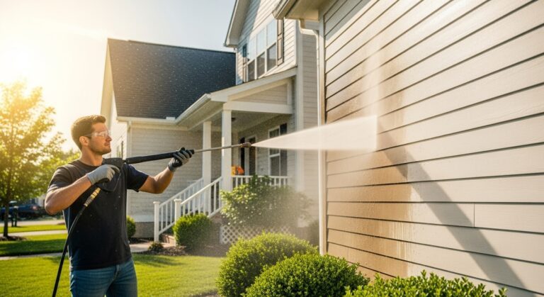 Technician pressure washing white vinyl siding on suburban home with professional equipment