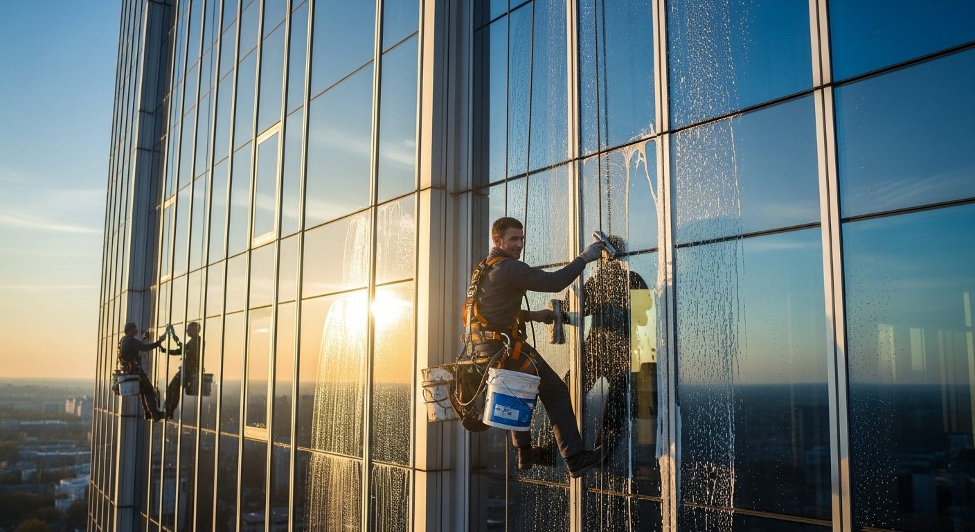 Professional window washer using rope access system to clean glass facade on commercial high-rise building in Chicago
