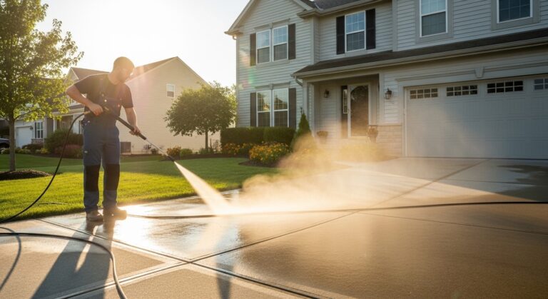 Professional driveway power washing and concrete cleaning service removing dirt and stains from residential property in Chicago
