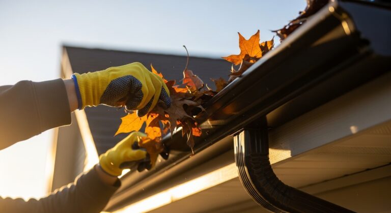 Close-up of gloved hand removing autumn leaves from home gutter system with downspout during professional cleaning service