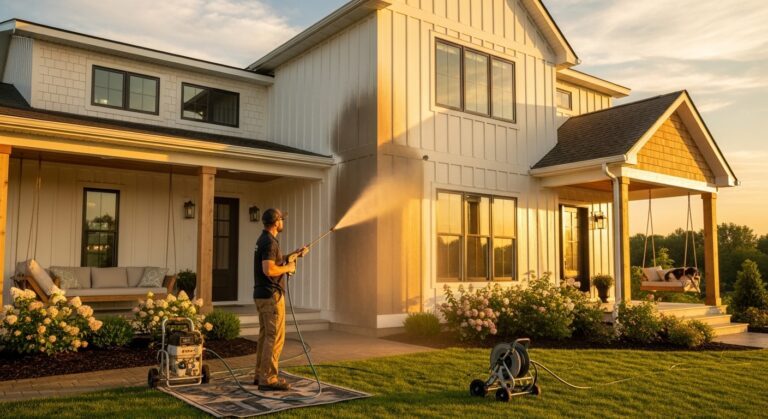 Prime Time technician pressure washing white farmhouse siding and exterior walls with professional equipment in Chicagoland