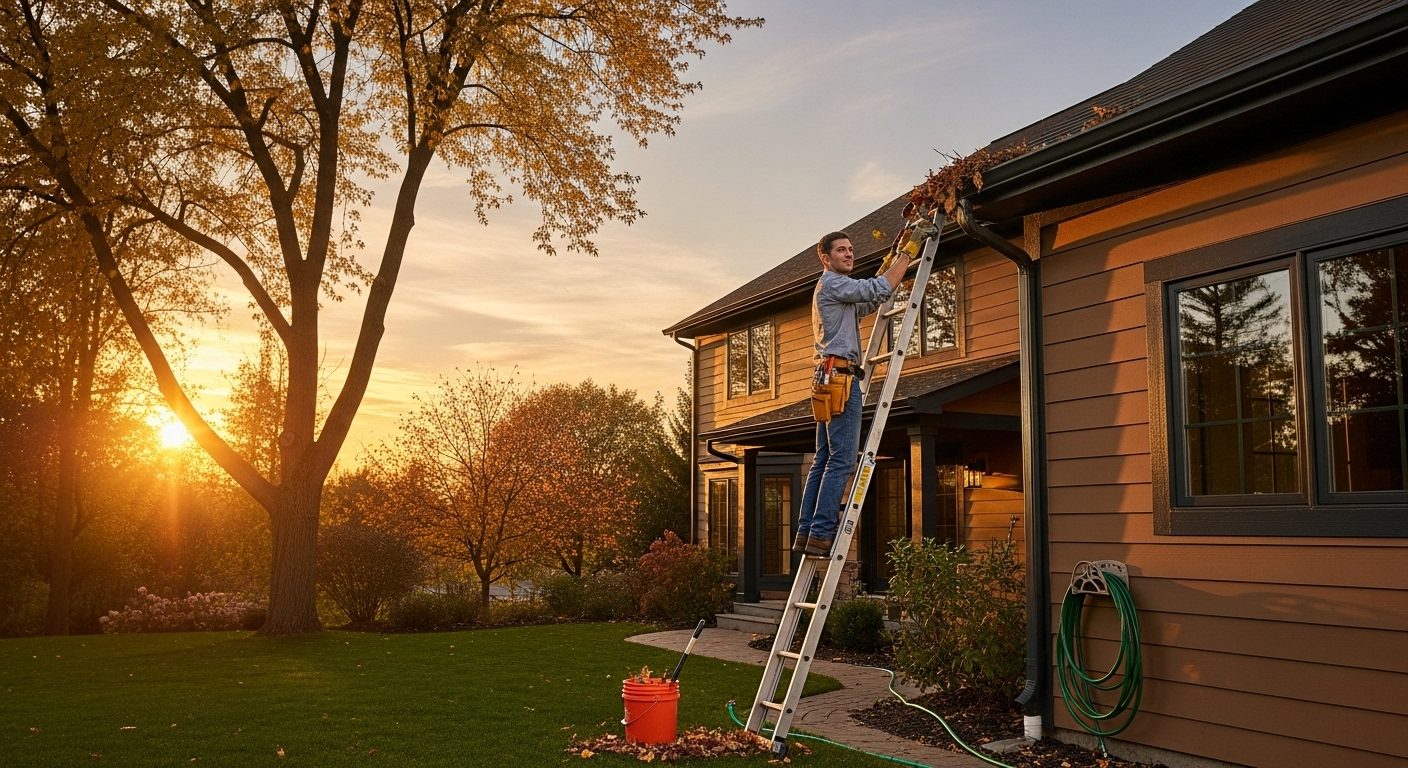 Professional gutter cleaner on ladder removing fall debris from two-story suburban Chicago home during golden hour