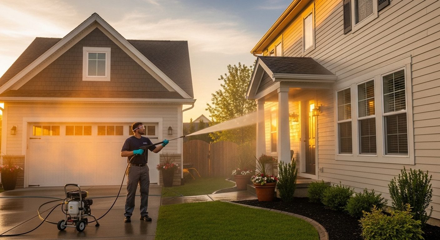 Professional power washing service cleaning residential home exterior and siding in Chicago suburbs during golden hour