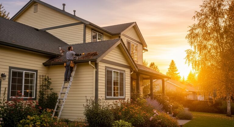 Licensed gutter cleaning professional on ladder clearing debris from single-story home gutters in Chicago suburbs at sunset