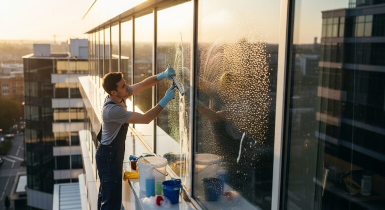 Commercial window cleaner using professional squeegee technique on high-rise office building at sunrise