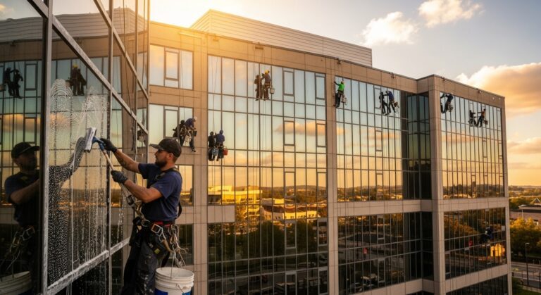 Professional window cleaning team using rope access on multi-story commercial building at sunset in Chicago