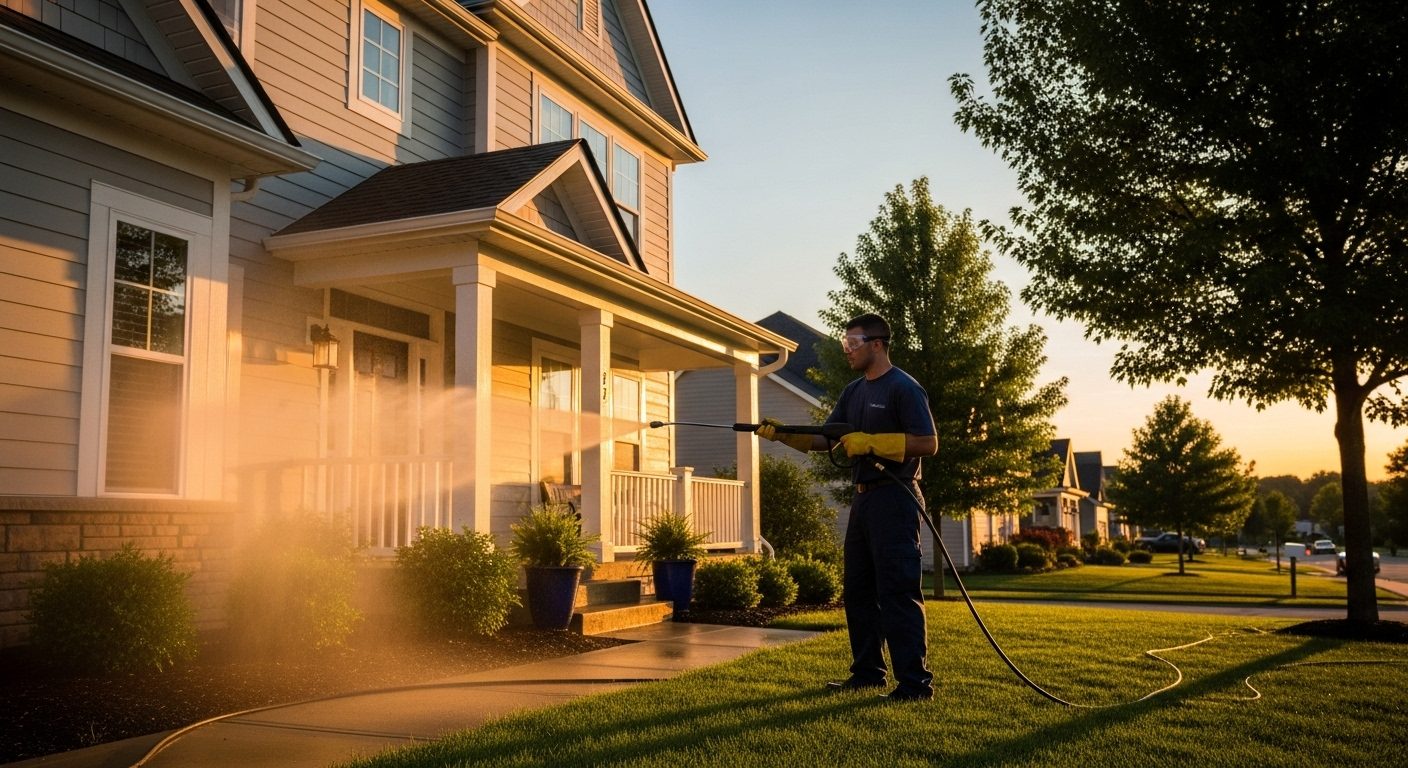 Professional carefully power washing house siding near landscaping bushes at sunset in residential neighborhood