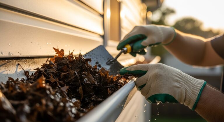 Close-up of professional removing wet leaves and debris from clogged residential gutter using specialized cleaning tools