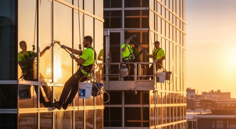 Professional window cleaning crew using rope access systems to wash commercial office building exterior in Chicago
