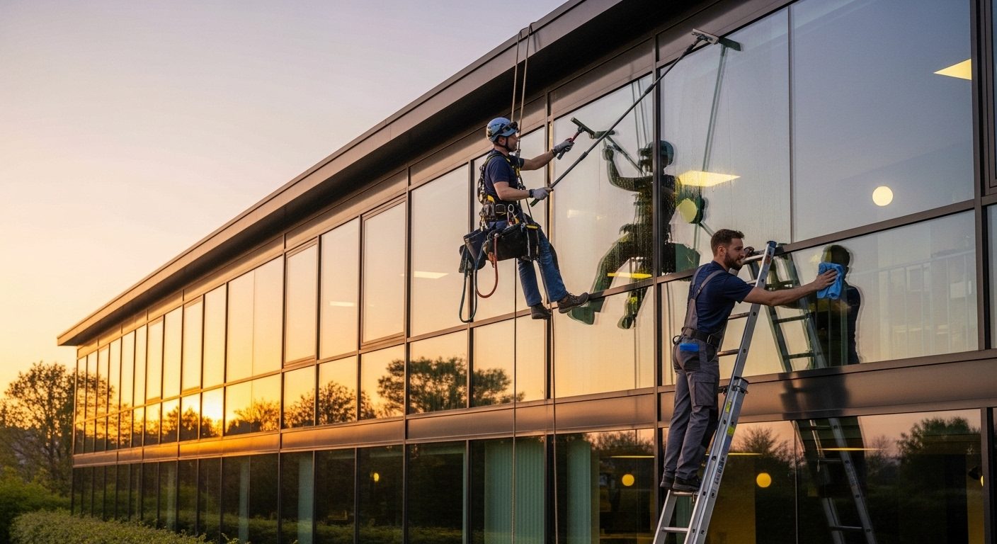Professional commercial window cleaners using safety harnesses and rope access to clean high-rise office building in Chicago