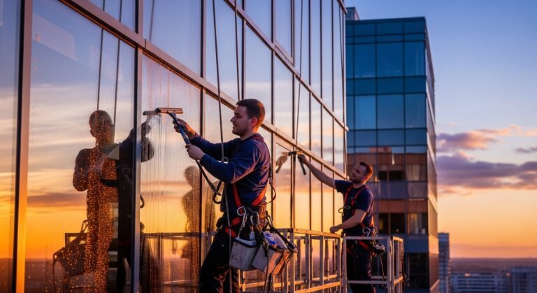 Professional commercial window washing team cleaning glass facade on high-rise office building at sunset with safety harnesses