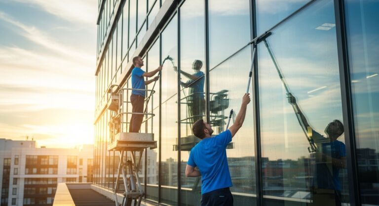 Commercial window washing team cleaning multi-story office building glass facade with professional squeegees and scaffolding