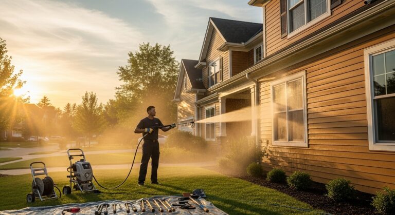 Exterior house washing with professional-grade pressure washing equipment on residential property in Chicago suburbs at sunset