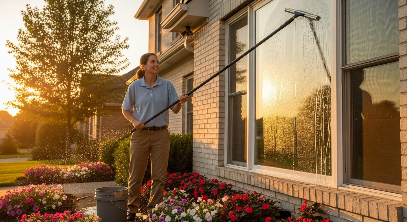 Professional window cleaning specialist using extension pole squeegee to clean residential windows at sunset in Chicago area