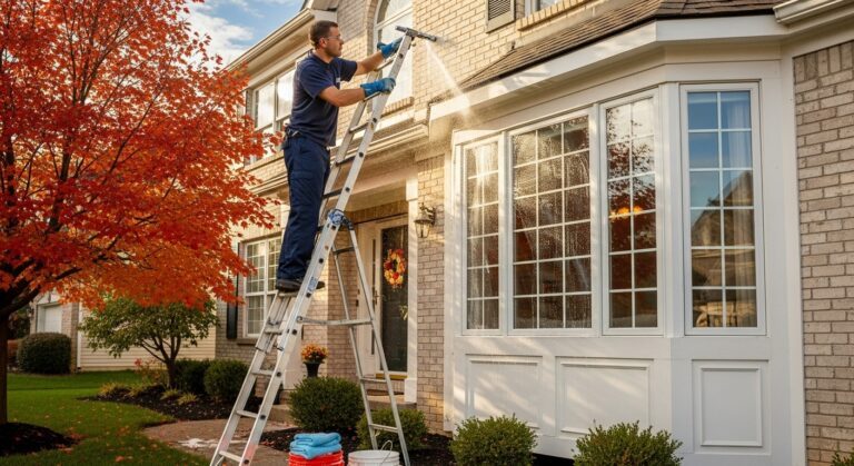 Window washer on ladder cleaning upper story windows of brick home during fall season with autumn leaves visible