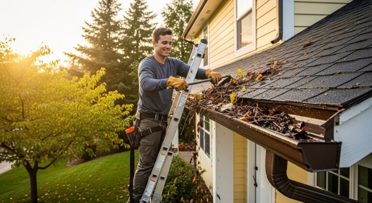 Gutter cleaning technician removing leaves and debris from clogged residential gutters in Chicagoland area