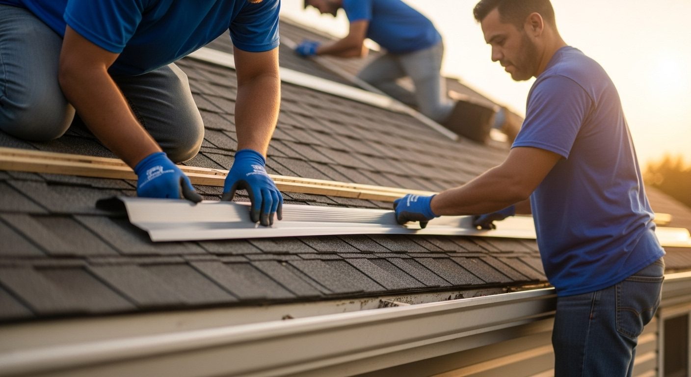 Licensed gutter guard installer using power drill to install micro-mesh gutter protection system on Chicagoland residential home