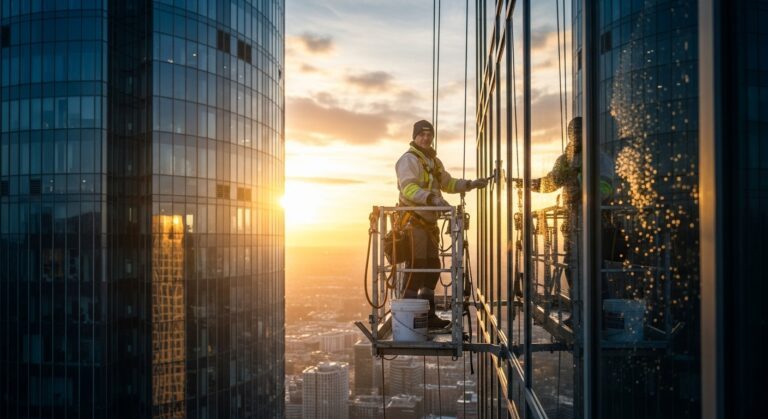 High-rise window cleaner on suspended platform cleaning commercial skyscraper windows in downtown Chicago at sunset