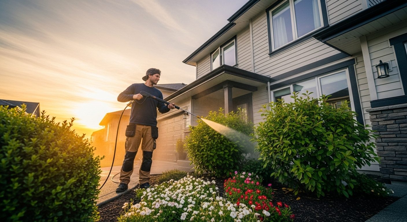 Professional house power washing service carefully cleaning home exterior while protecting landscaping and flowers in Chicagoland