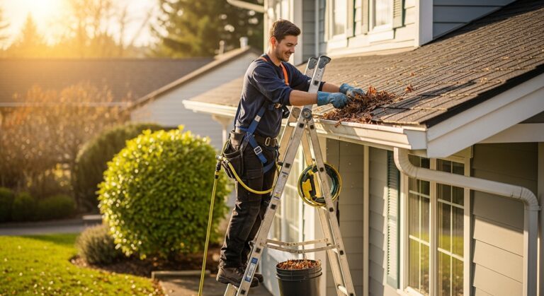 Licensed gutter cleaning contractor wearing safety harness while removing debris from home gutters with collection bucket