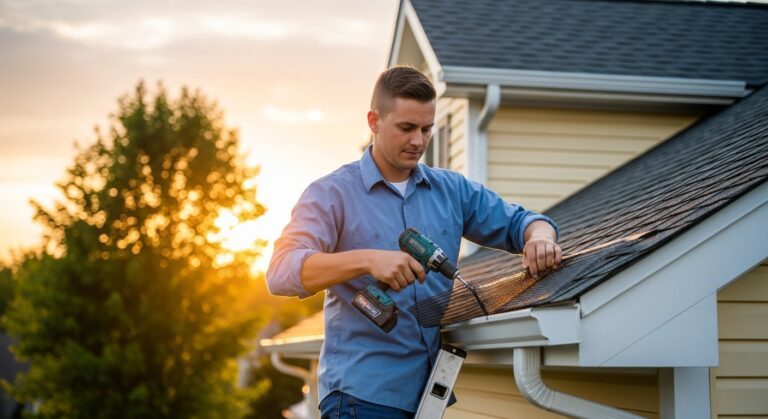 Close-up of professional installers securing gutter guard covers on residential home roofline during installation process