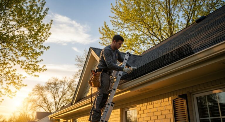 Close-up of professional installing micro-mesh gutter guard system on residential home showing protective mesh detail