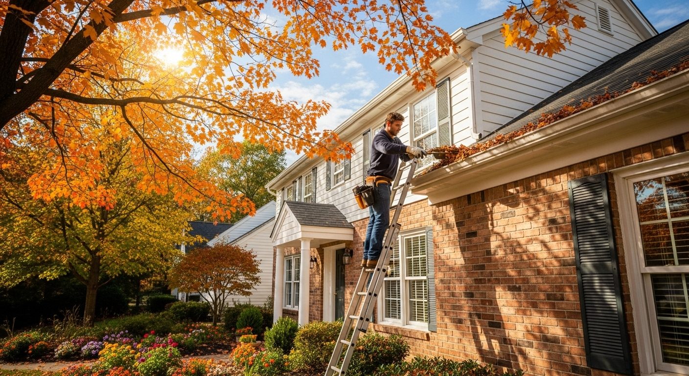 Professional gutter cleaner on ladder removing fall leaves from residential home gutters in Chicago suburbs during autumn