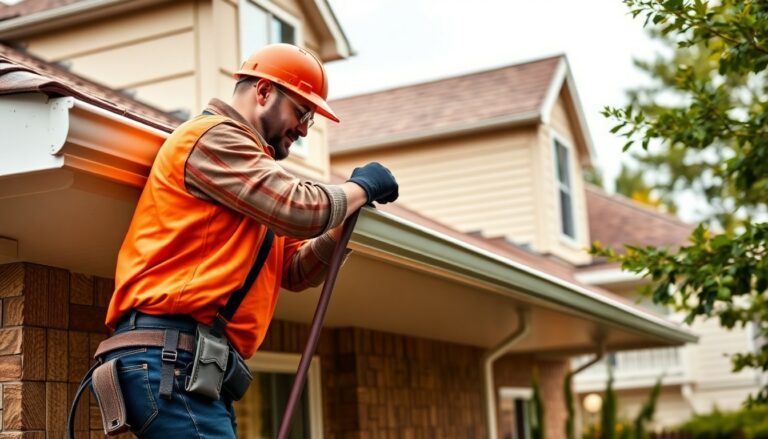 Licensed gutter guard installer professionally installing micro-mesh gutter protection system on suburban home