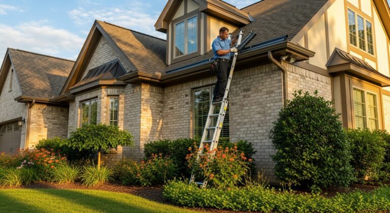 Licensed gutter protection system installation service on suburban Chicago home with professional equipment and safety gear