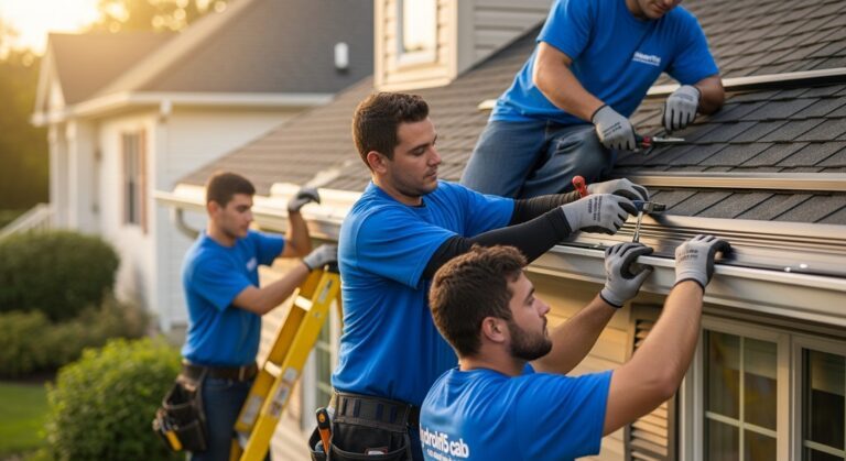 Professional gutter guard installation team installing residential gutter protection system on Chicago area home with ladder and safety equipment