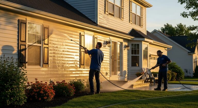 Residential pressure washing service cleaning two-story house siding and driveway with professional equipment in Chicago area