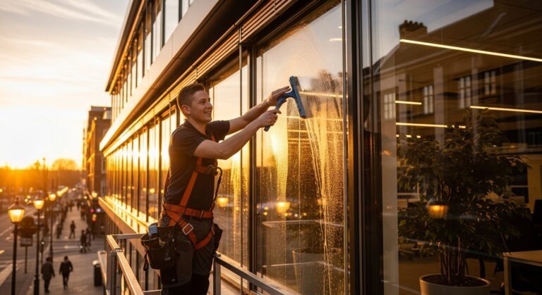 Professional window cleaner with safety harness cleaning commercial office building windows at golden hour in Chicago