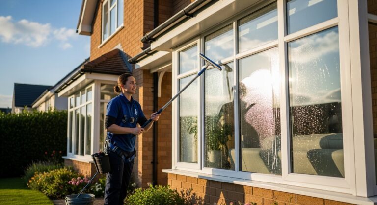 Professional female window cleaner using water-fed pole to wash exterior residential windows during golden hour in Chicago suburbs