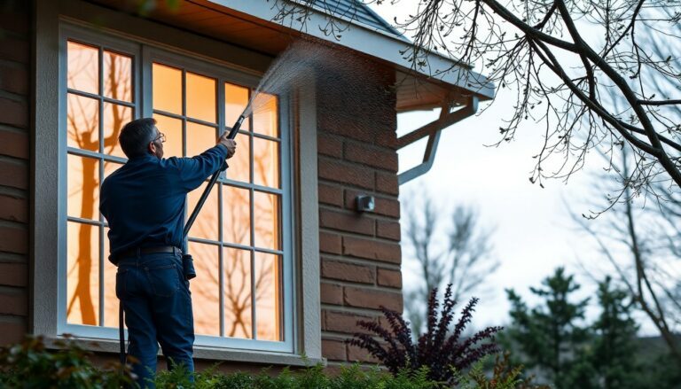 Professional window washer using water-fed pole to clean residential home windows in Chicagoland area during evening service