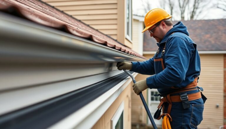 Professional gutter guard installer in safety gear working on residential home in Chicago area