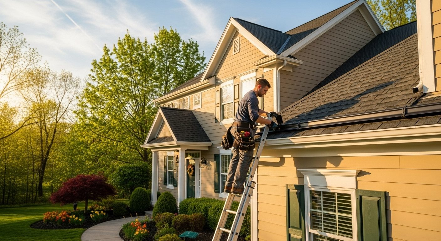 Professional gutter guard installer on ladder inspecting residential home gutters during golden hour in Chicago suburbs