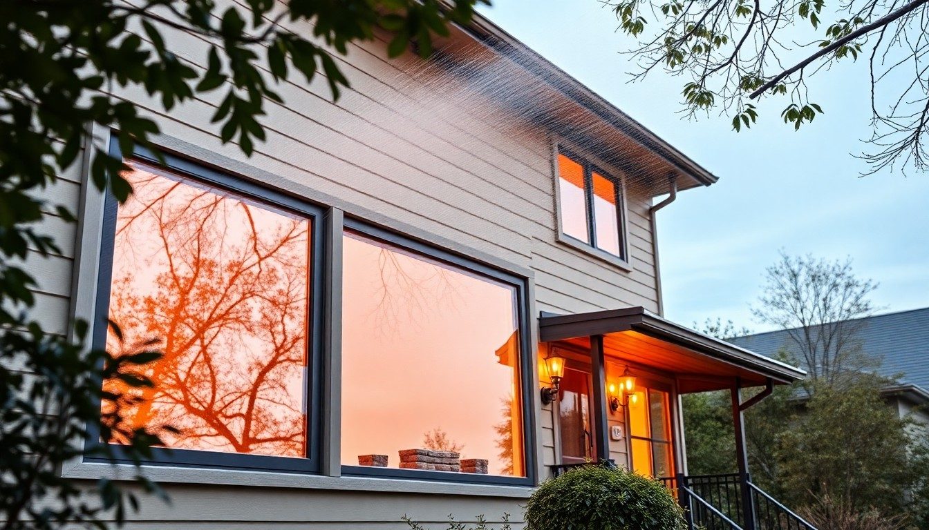 Beautiful suburban Chicago home with sparkling clean windows reflecting warm interior lighting at dusk, showing the results of professional window cleaning services