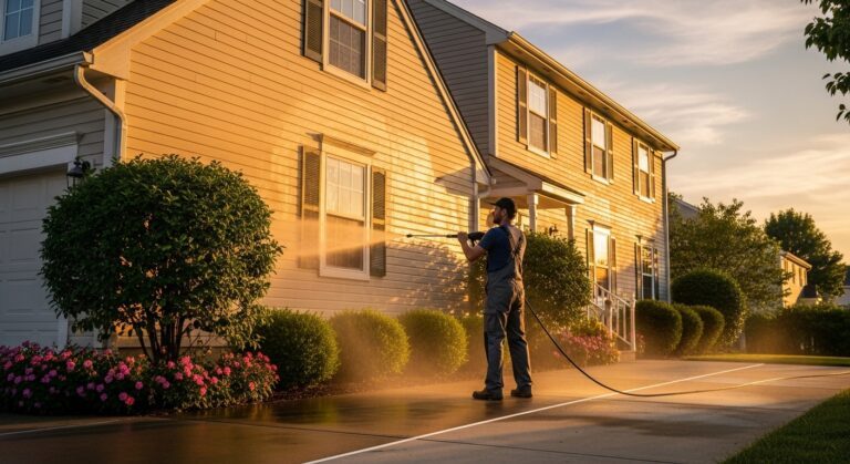Professional power washing team cleaning beige house siding and concrete walkway in Chicago suburbs during golden hour