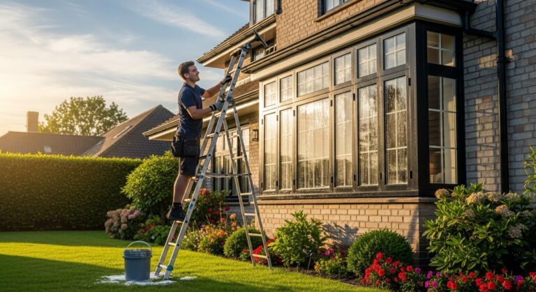 Professional window washer on ladder cleaning upper story windows of suburban Chicago home with manicured lawn and garden