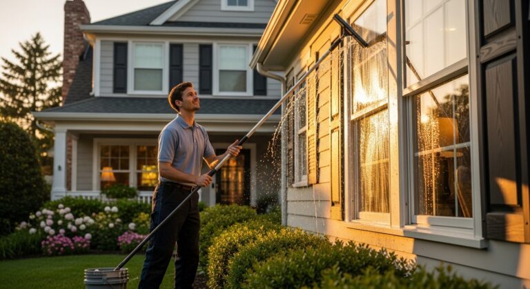 Experienced window cleaning professional washing exterior windows of suburban Chicago home using water-fed pole system at sunset