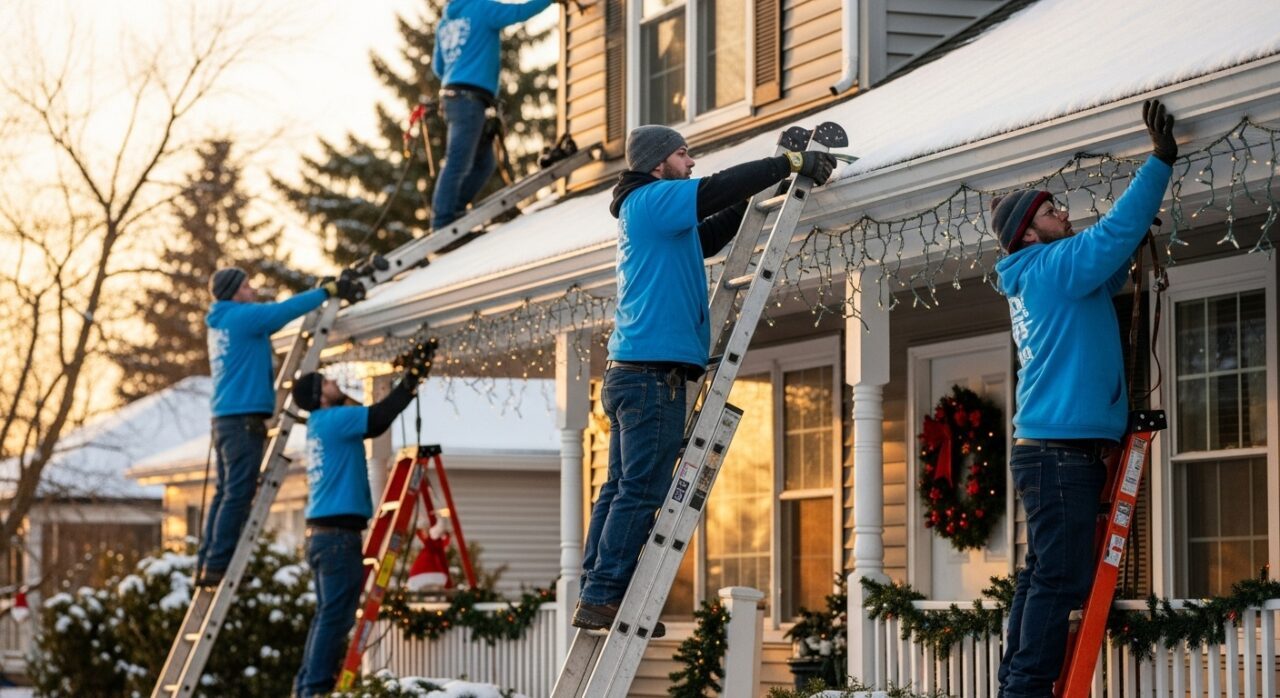 Professional gutter cleaning crew removing ice and snow from residential gutters in Chicago during winter with holiday decorations on house