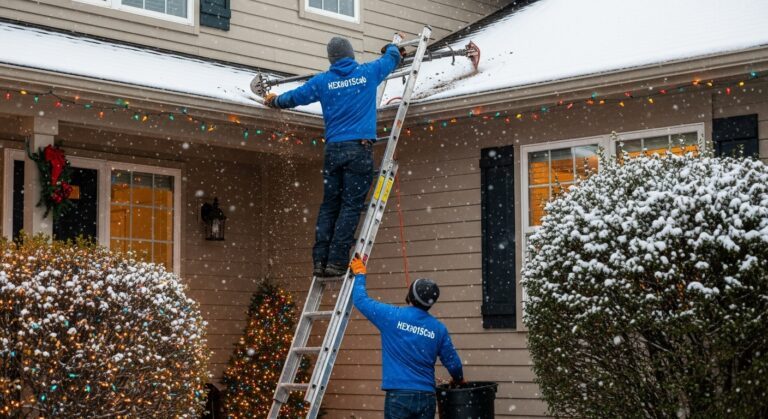 Licensed gutter cleaning contractors performing winter gutter maintenance and ice dam prevention on suburban Chicago home with Christmas decorations