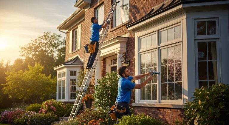 A team of window cleaning professionals washing tall modern home windows with ladders and cleaning tools